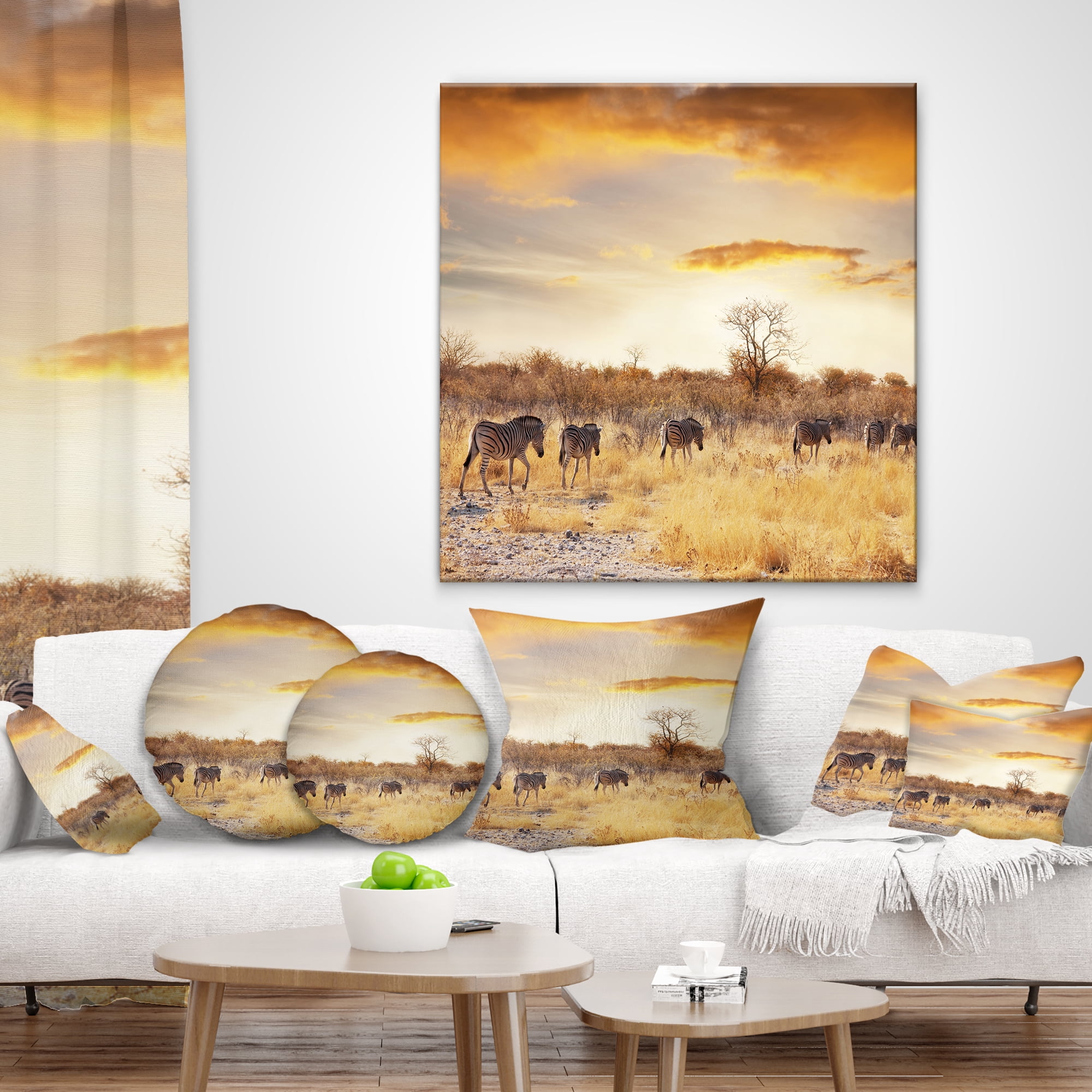 Designart African Zebras Walking in Row - African Landscape Printed Throw Pillow - 18x18