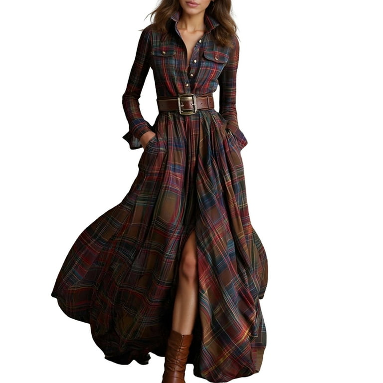 Women's Fashion French Vintage Check Waist-Cinching Slimming Asymmetrical  Design Collar Long Sleeve Dress for Winter Retro Parties and Elegant  Wear,Deep Red,L - Walmart.com