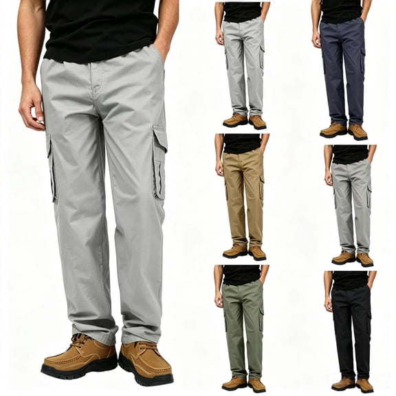 TKKCS Mens Cotton Cargo Pants Straight Leg Outdoor Casual Elastic Waist Multi Pockets Work Pants Gray L