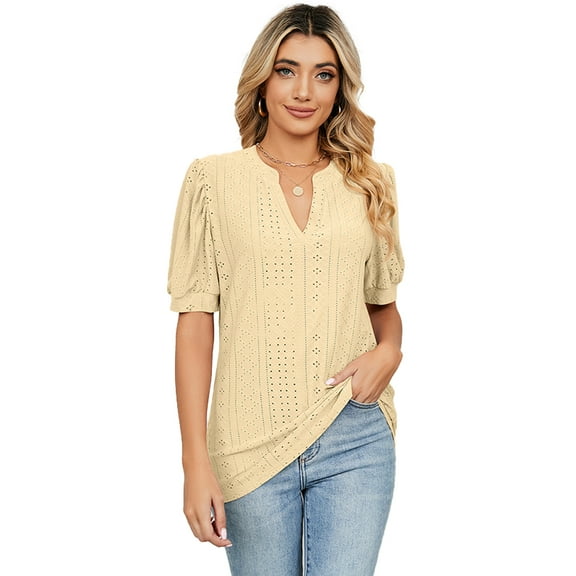 FLMEI Womens Summer T Shirts Tops Knit Neck Crewneck Womens Short Sleeve Casual Solid Color Tees,S-2XL