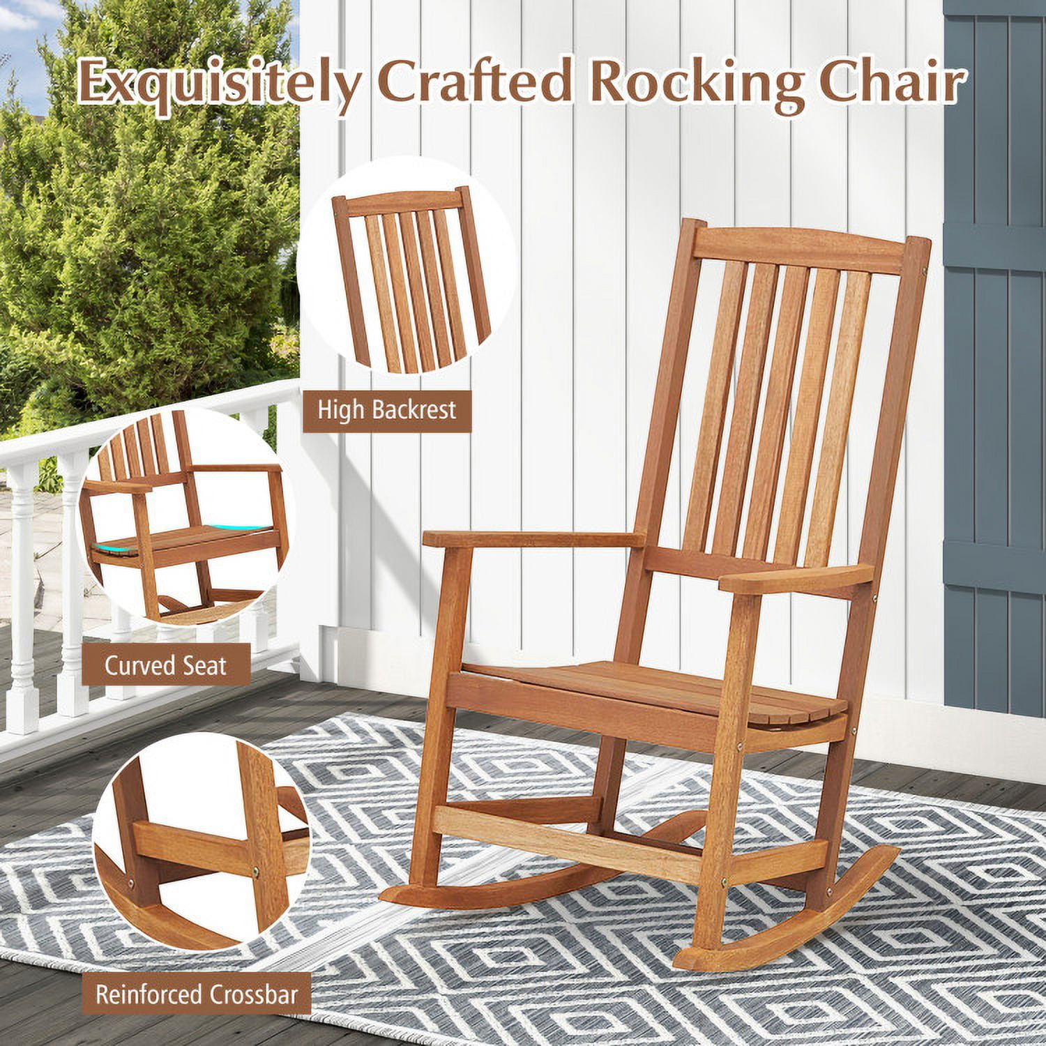 Aimee Lii Outdoor Wooden Single Lounge Rocker, Rocking Lounge Chair Outdoor, Sturdy, Movable, Natural