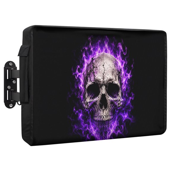 Skull Purple Fire Waterproof Outdoor TV Cover, Mysterious Spooky Skeletons Black Outside Weatherproof TV Enclosures for 36 to 39 Inch LCD Television Shield Flat Screen Protectors