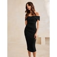 thumbnail image 4 of Black Off-The-Shoulder Cinched Waist Fitted Midi Dress For Women Party Occasion, 4 of 6