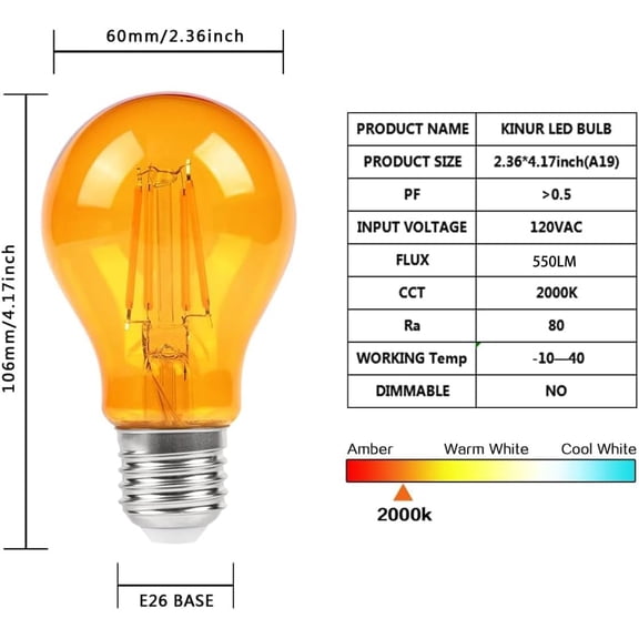 TRHOO-LED Edison Bulbs, 60 watt Light Bulbs Replacement 6W 2000K E26 A19 Amber Soft Light Bulbs Warm Light Bulb for Bedroom, Healthy Sleep, Baby Nursery Light, Turtle Friendly Light Bulbs 4 Pack