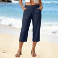 thumbnail image 2 of GEWSEY Linen Capri Dress Pants for Women Casual Elastic Waist Cropped Wide Leg Pants with Pockets Summer Baggy Work Trousers Navy for Size M, 2 of 6