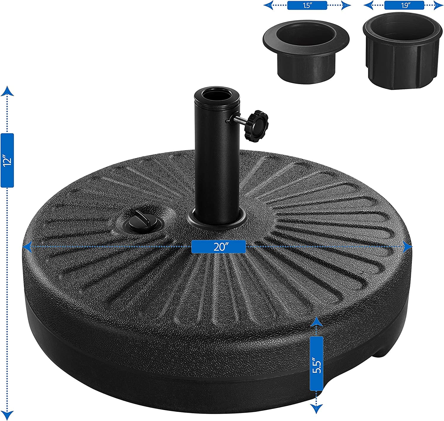 JessieMal Umbrella Base 85.7lbs Round Water & Sand Filled Patio Outdoor Umbrella Stand with Steel Umbrella Holder Suit for Dia 1.5'' or 1.9'' Umbrella Pole, Black