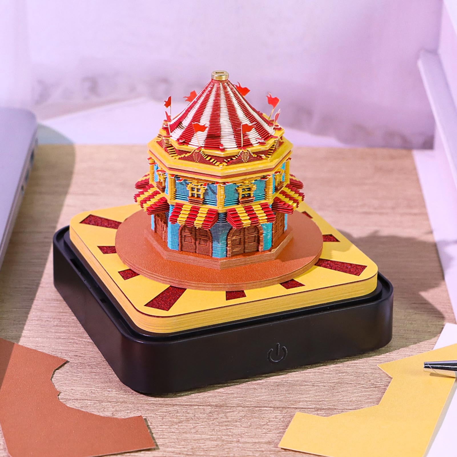 YAHHU 3D Art Memo Pad Creative Circus Paper Carving Notepad 2026 Desk Calendar with Light, Desktop Ornament Gift, 3.9 x 3.9 x 3.5 inches / 9.8 x 9.8 x 9 cm, Multicolor