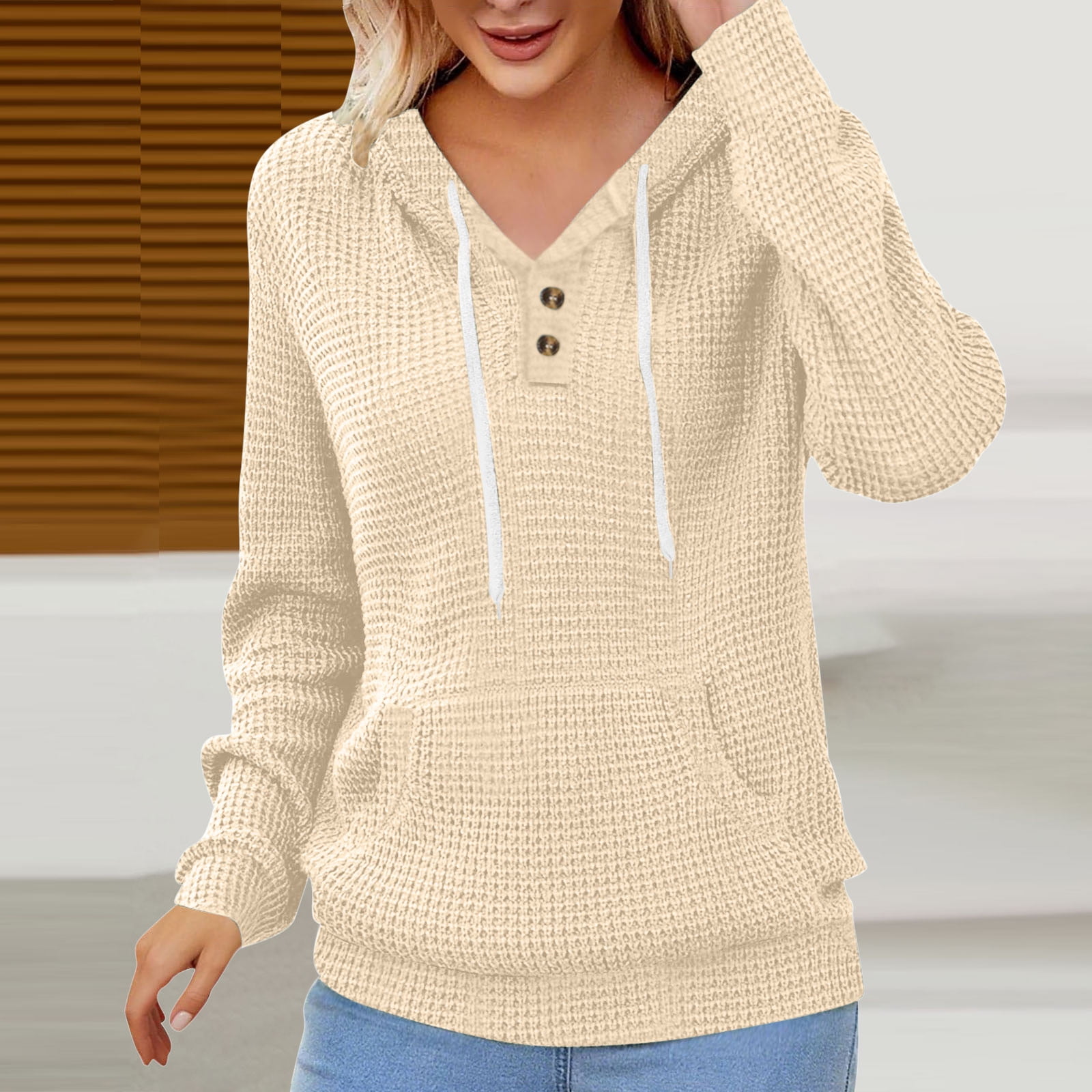 Yanlir Ladies Solid Color Button Hoodie Long Sleeve Top with