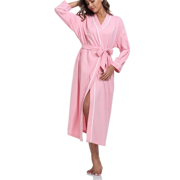 ANLIQI Women's 100% Cotton Robes Lightweight Long Bathrobe Kimono Robe for Women Soft Loungewear with Pockets (Pink,Medium)