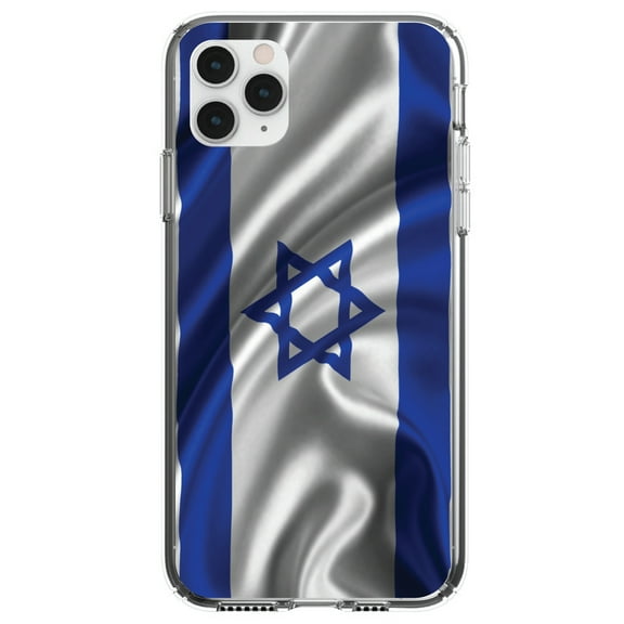 DistinctInk Clear Shockproof Hybrid Case for iPhone 13 (6.1" Screen) - TPU Bumper, Acrylic Back, Tempered Glass Screen Protector - Israel Israeli Waving Flag - Show Your Love of Israel