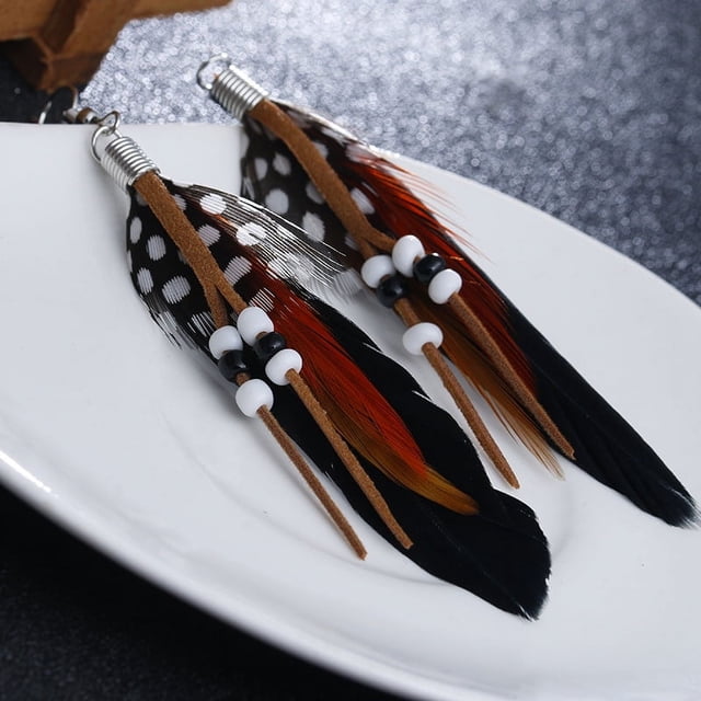 Accesorios de moda, pendientes de plumas para mujer, pendientes de plumas con borlas y cuentas bohemias