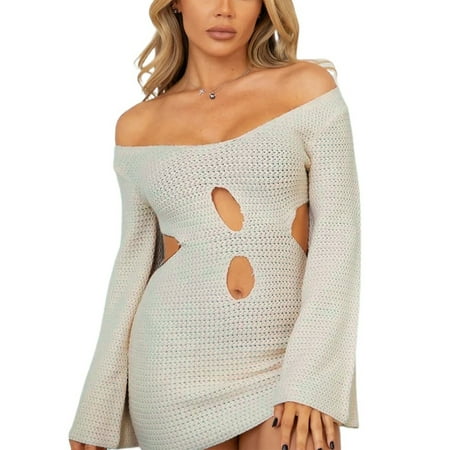 Lizynuty Women s Knit Beach Cover Up Dress Long Sleeve Off Shoulder Bikini Cover Up Hollow Bathing Suit
