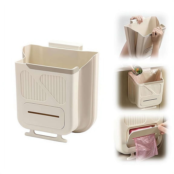 Foldable Hanging Trash Can for Kitchen Cabinet Door, Collapsible Small Garbage Can for Bathroom Bedroom RV, White Plastic Silicone Waste Bin with Garbage Bag Holder, Space Saving Waste Basket
