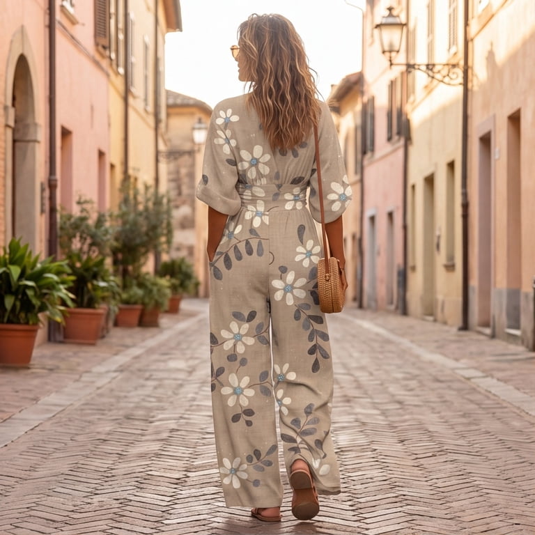 JIUWEN Women's V-Neck 3/4 Sleeve Maxi Dress with Waist Tie,Printed Flowy Long Dress for Casual & Party-White-2XL