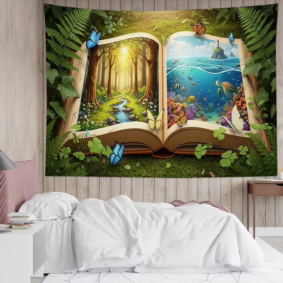 HVEST Green Forest Book Tapestry Wall Hanging Plant Butterfly and Ocean Sea Turtle Wall Tapestry for Bedroom Fantasy Botanical Tapestry for Living Room College Dorm Home Decor,59x51 inch