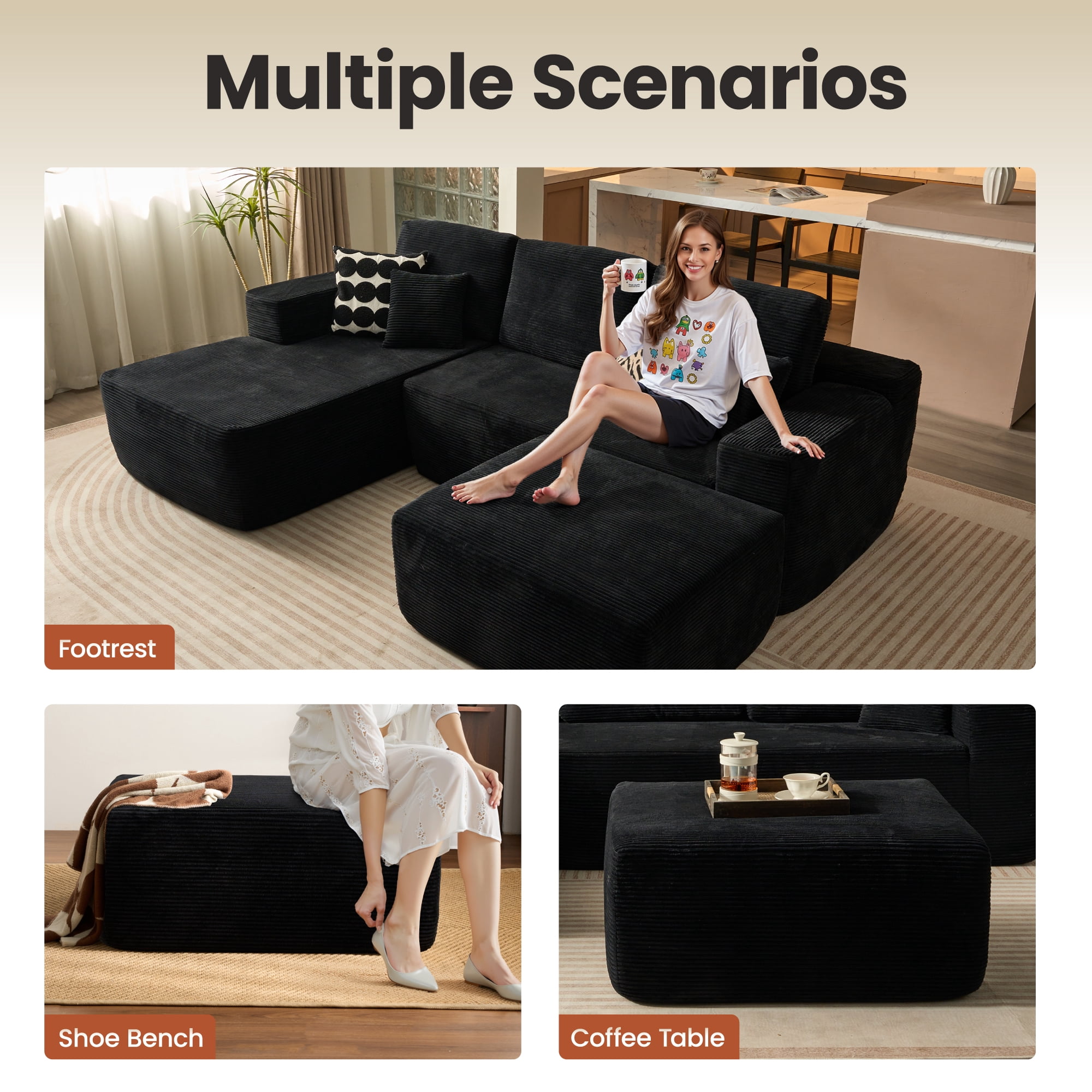 Ovios Oversized Ottoman Footrest for Sofa Large Corduroy Pouf Ottoman Coffee Table Rectangle Floor Bench Extra Seating for Living Room, No Assembly, Back