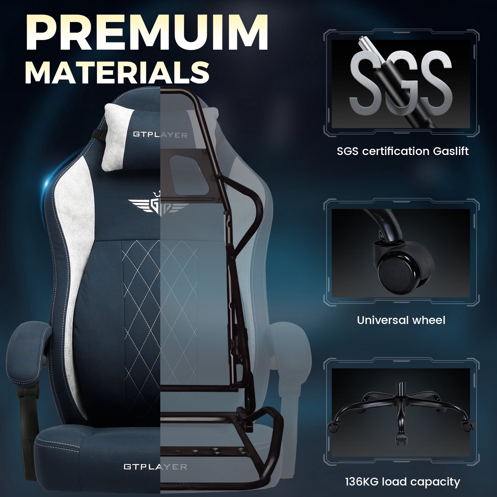 GTPLAYER Big and Tall Ergonomic High Back Gaming Computer Chair with Footrest, Blue