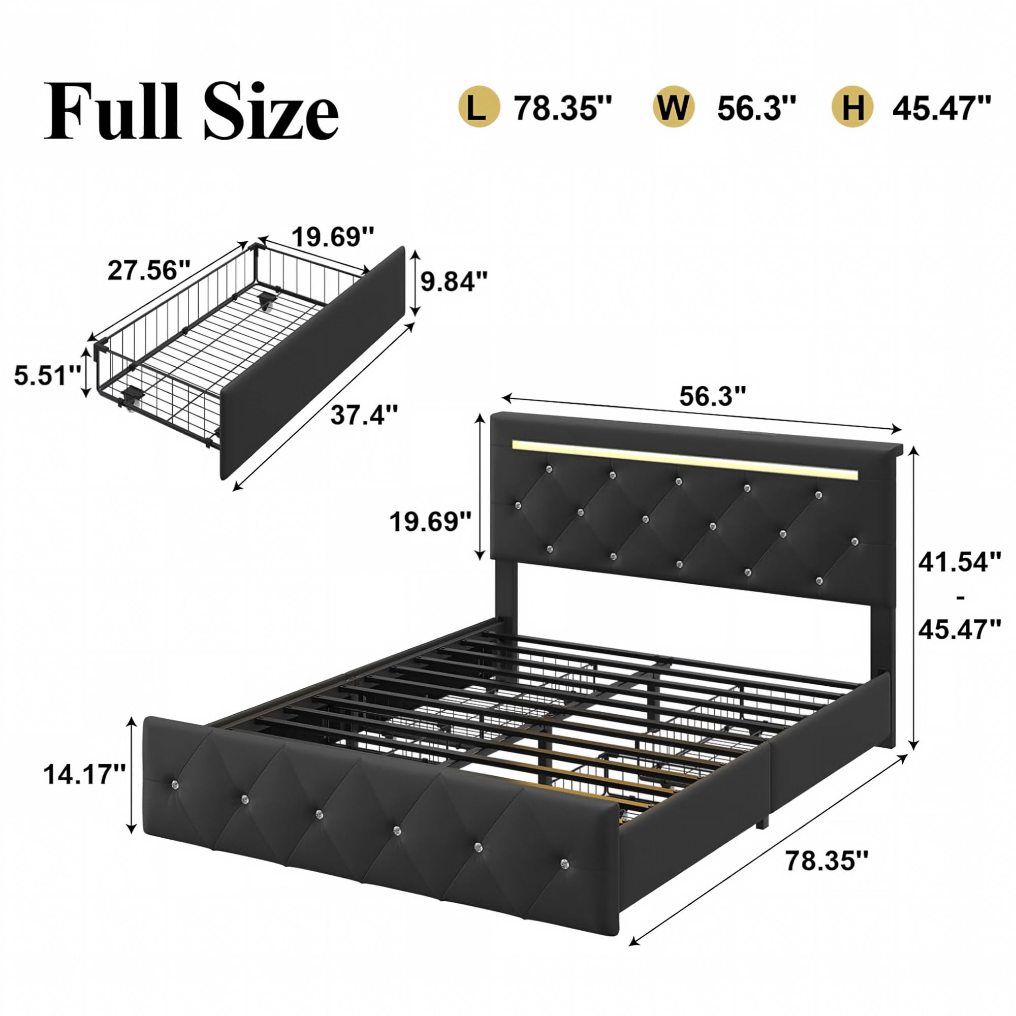 BSHTI Full Size Faux Leather Upholstered Bed Frame with LED Light, Charging Station, 4 Storage Drawers, Adjustable Headboard for Bedroom(Black)
