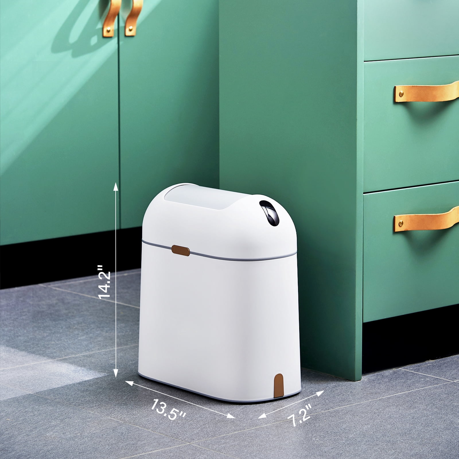 Elpheco Motion Sensor Bathroom Trash Can, 2.5 Gallon Waterproof Trash Bin with Butterfly lid, Bathroom Waste Basket Garbage Bin for Bedroom Kitchen and Office use, White with Golden Button