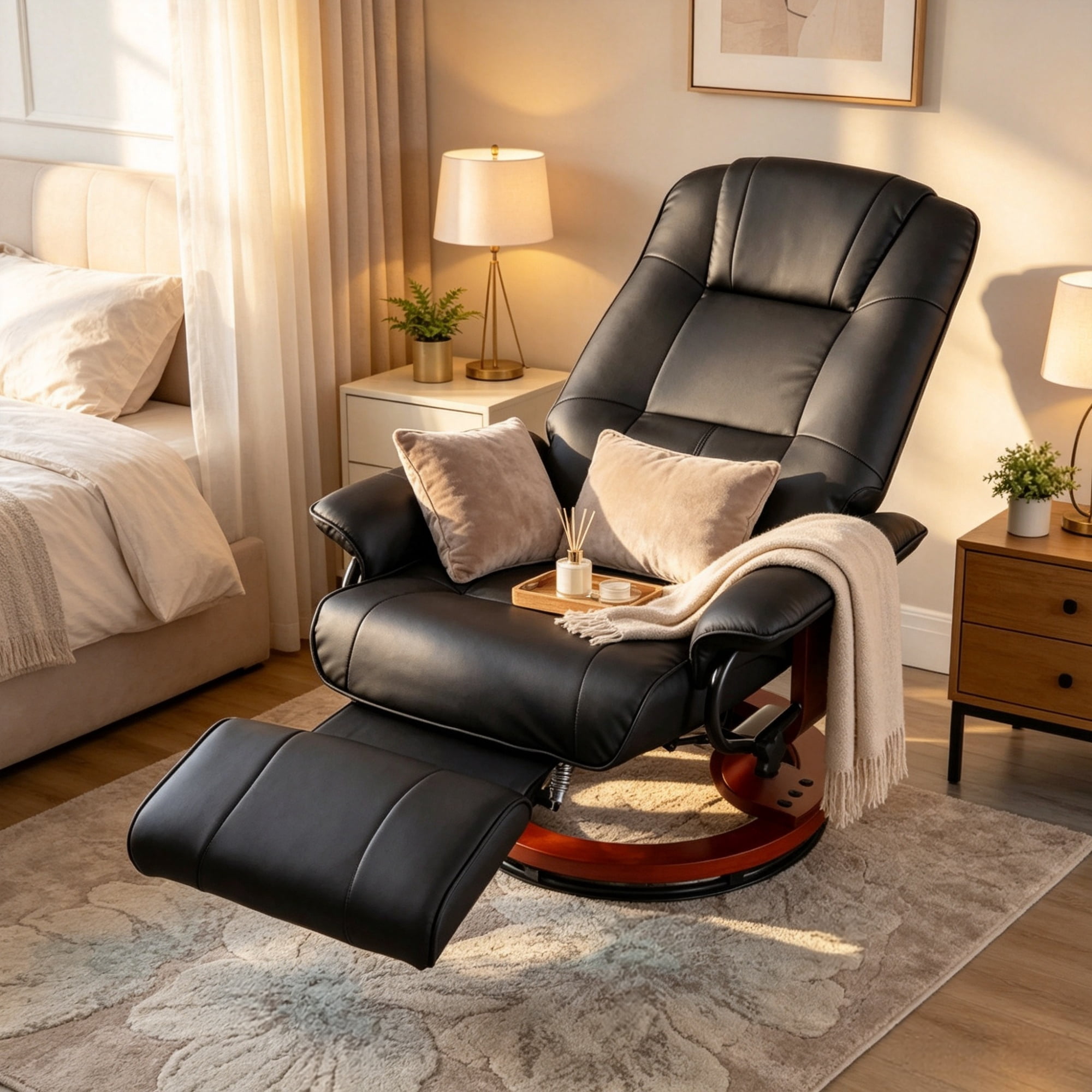 Black Manual Swivel Faux Leather Lounge Chair with Footrest and Armrest