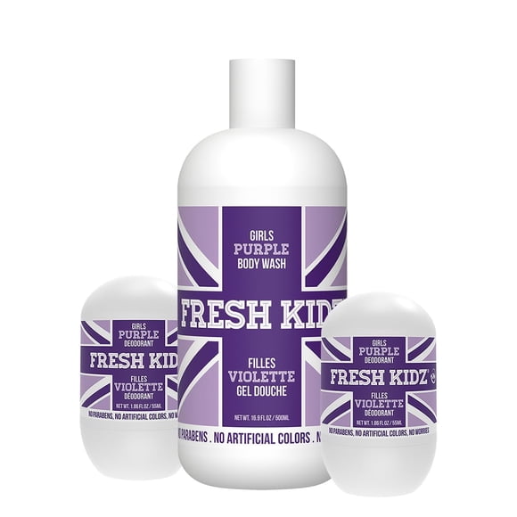 Gel de baño Fresh Kidz 16.9 fl.oz. y 2 Desodorantes Roll-On de 1.86 fl.oz. para niños y adolescentes - Conjunto morado para niñas