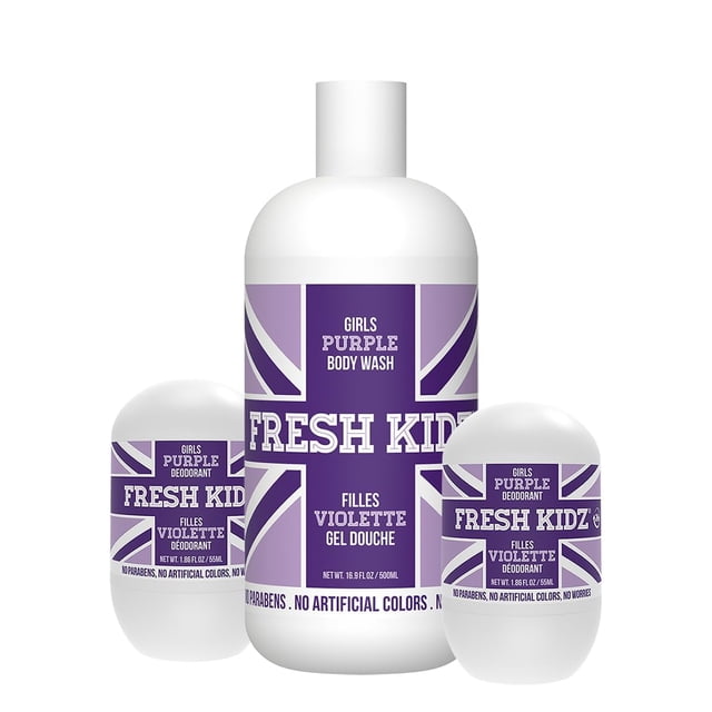 Gel de baño Fresh Kidz 16.9 fl.oz. y 2 Desodorantes Roll-On de 1.86 fl.oz. para niños y adolescentes - Conjunto morado para niñas