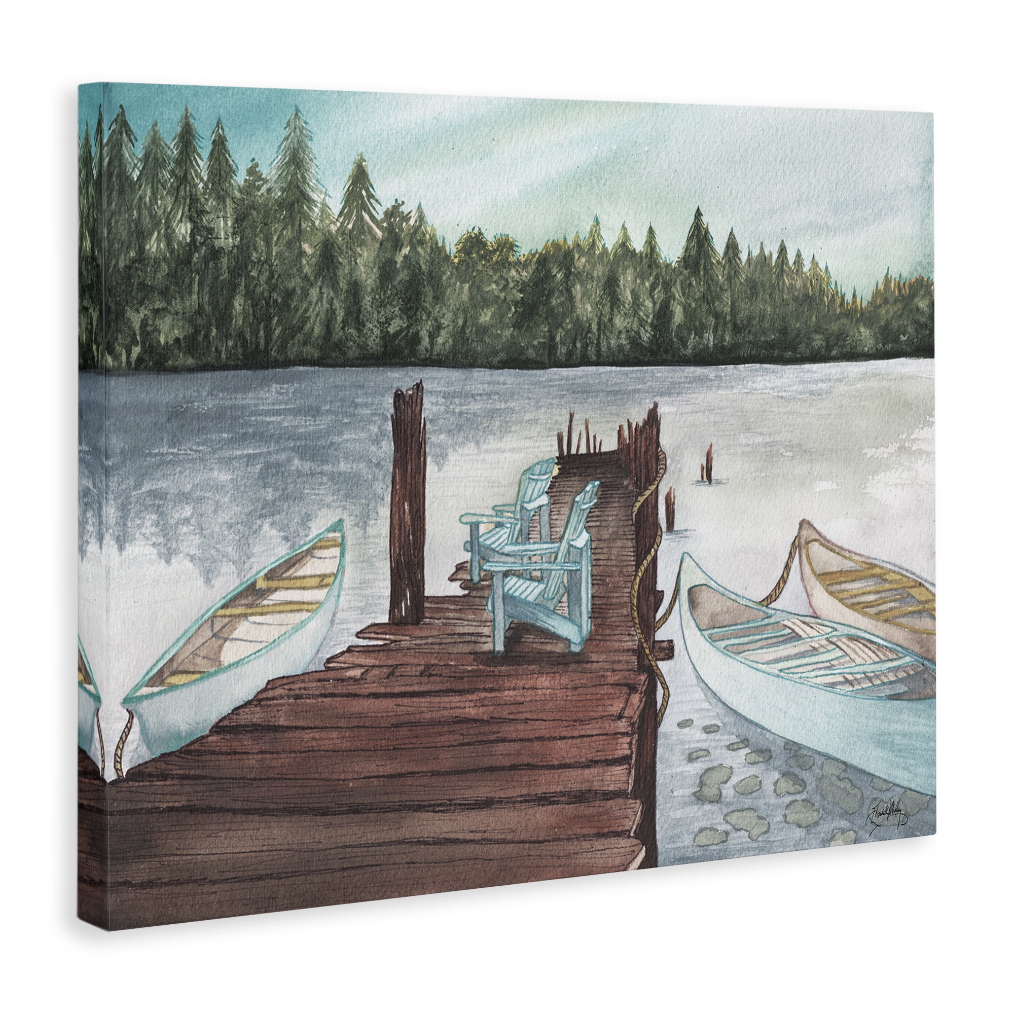 Stupell Industries Canoes at Lake Dock Landscape Painting Gallery Wrapped Canvas Art Print Wall Art, 20 x 16