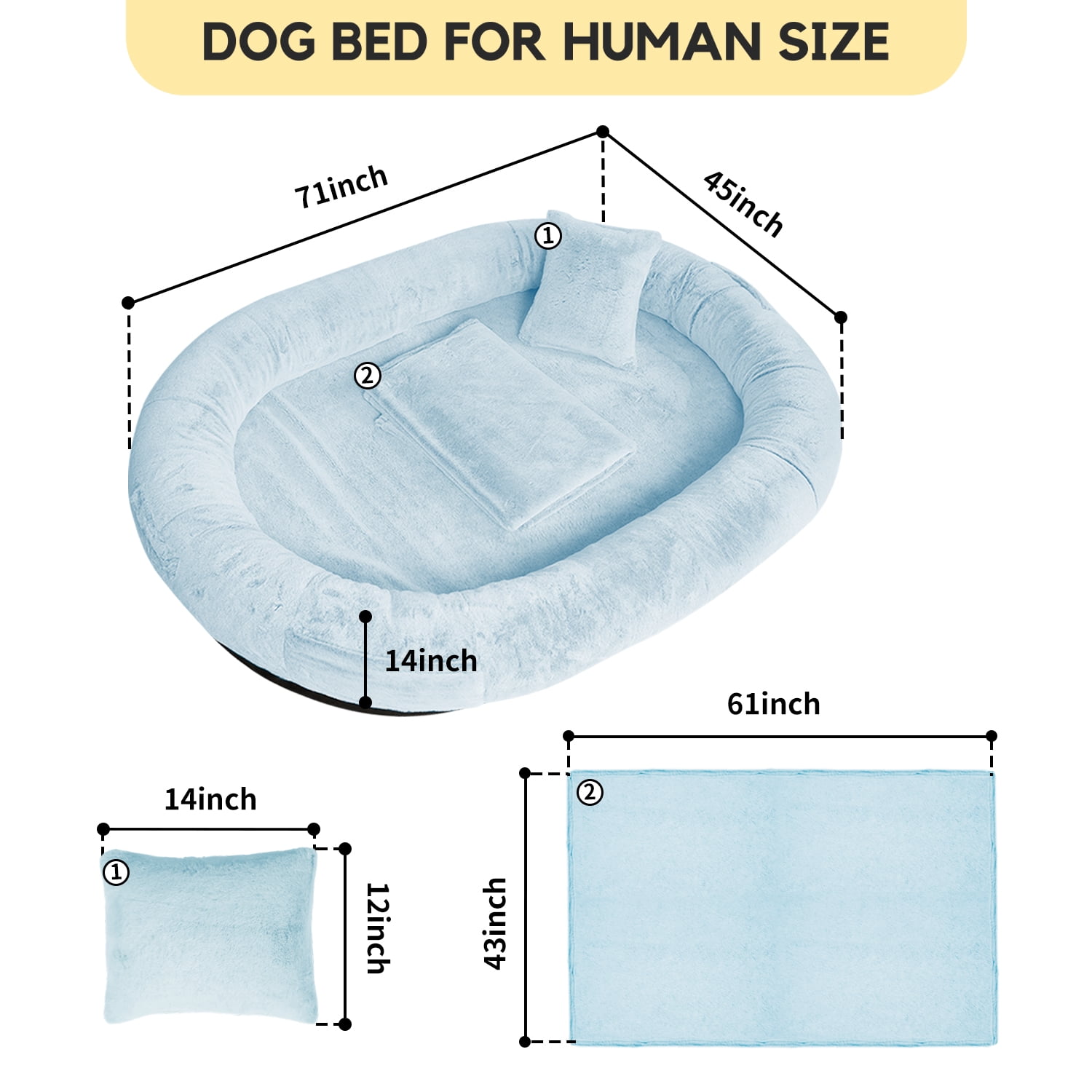 Human Dog Bed for Pets and Adults, 71"x45"x14", Washable Faux Fur Cover with Blanket and Pillow, Extra Large Human Size Beanbag Bed,Blue