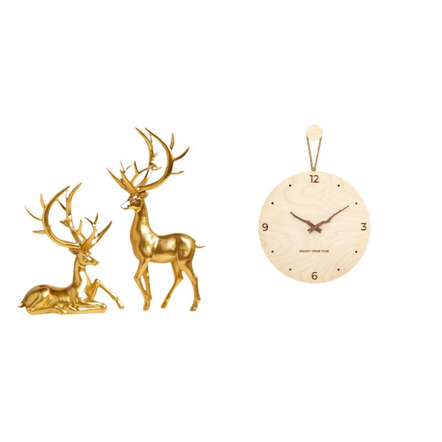 Estatua de escultura de ciervo,Estatuas de ciervos en pareja para decorar la entrada del hogar.,Reloj de pared,Reloj de pared decorativo para sala de estar,silencioso,Reloj de pared de madera