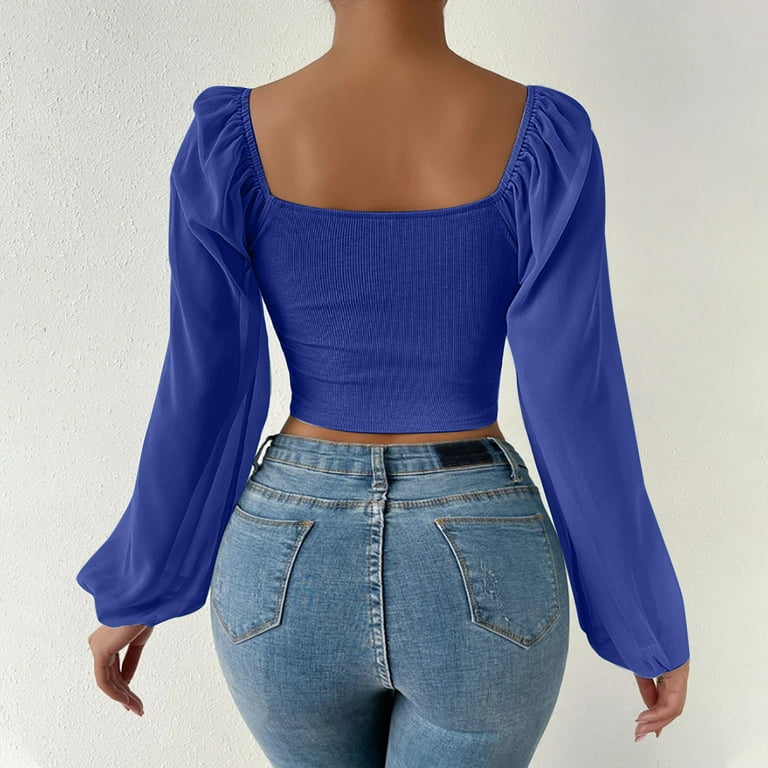 Crop Tops for Women Mesh Long Sleeve Ruched Drawstring Shirts Tops