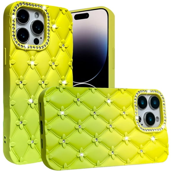 Designed for Apple iPhone 16 Pro Max (6.9") Fashion Flower Design Sparkle Glitter Shimmer Rhinestone Bling Leather Feel Thick TPU Rubber Hard PC Phone Case Cover - Yellow/Green