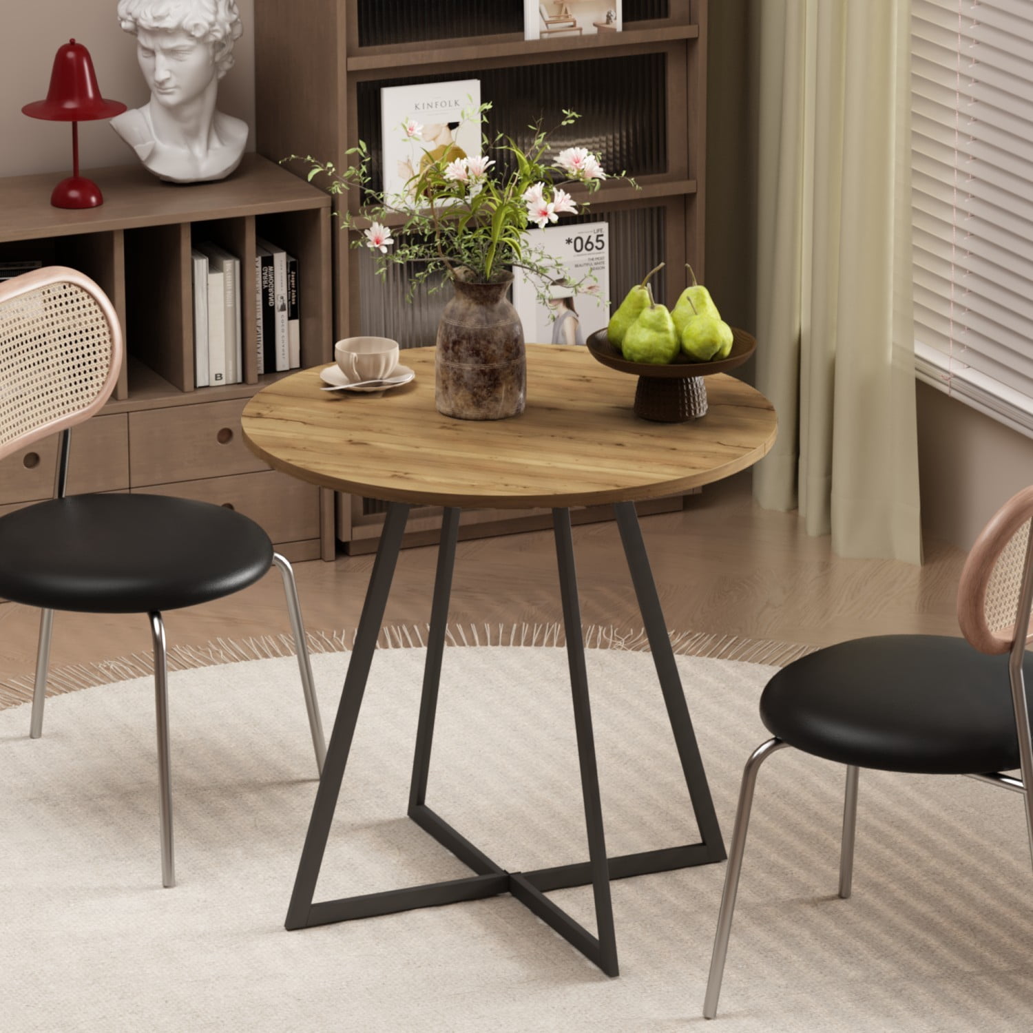 31.5" Round Dining Table, Modern Small Kitchen Table with Wood-Look Top & Black Metal Legs, Compact Circle Dining Table for 2-4 People, Apartment, Breakfast Nook & Home Office, Brown