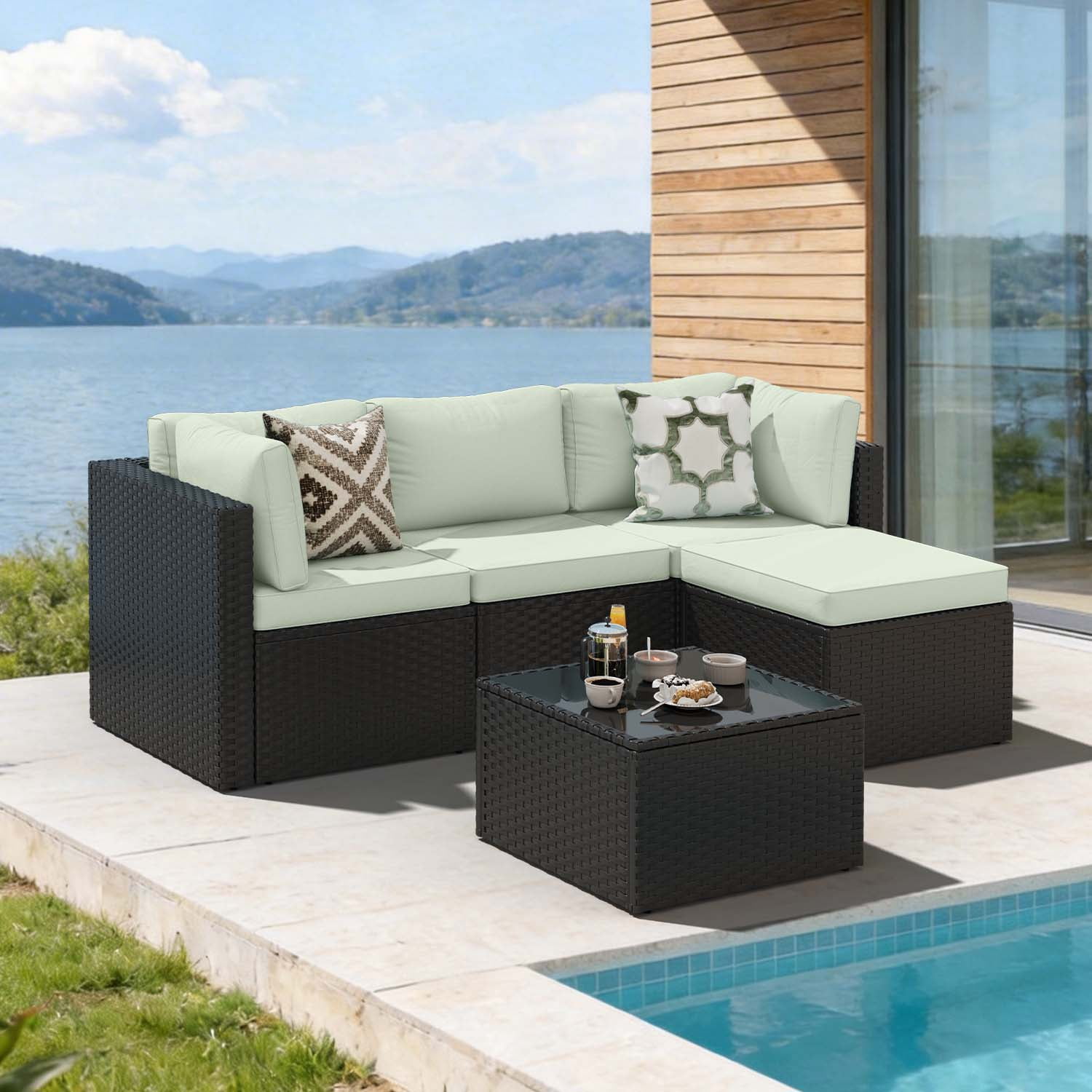 BaPiPro Modular Outdoor Wicker Patio Furniture Set with Tempered Glass Coffee Table & Removable All-Weather Cushions for Backyard, Poolside & Balcony Light Green