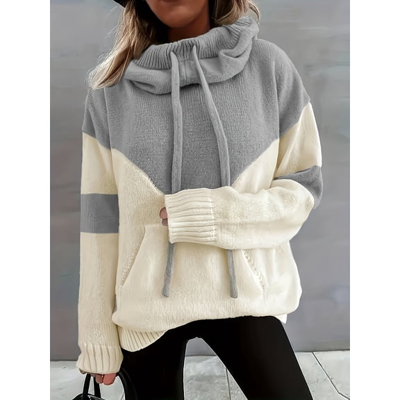 Hooded Knit Sweatshirt with Color Block