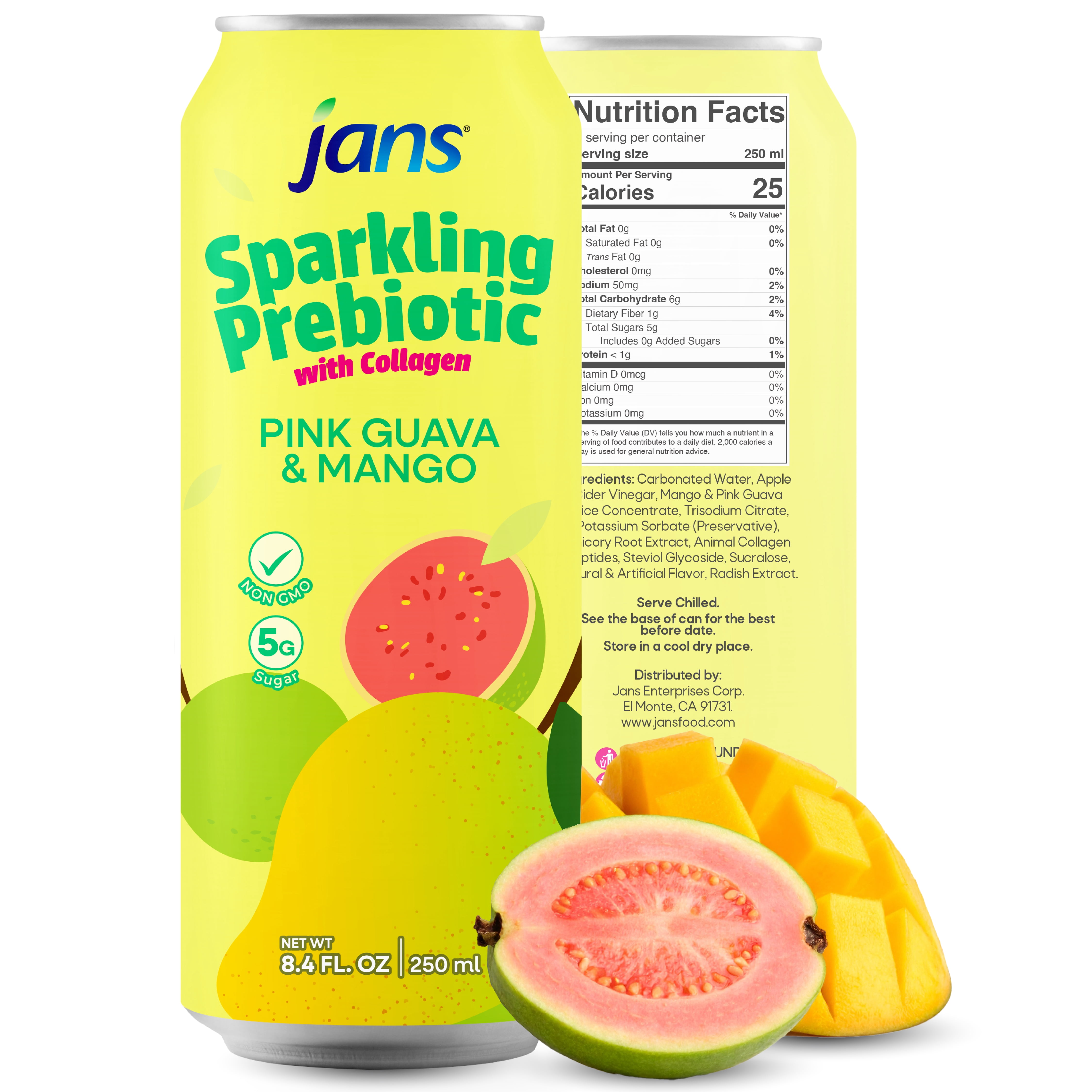 Jans Sparkling Prebiotic Soda Beverage, 8.4 oz – Low Calorie, No Added Sugar – Non-GMO Sparkling Fruit Beverage – Gut Health Support – Naturally Refreshing (24-Pack, Pink Guava & Mango with Collagen)