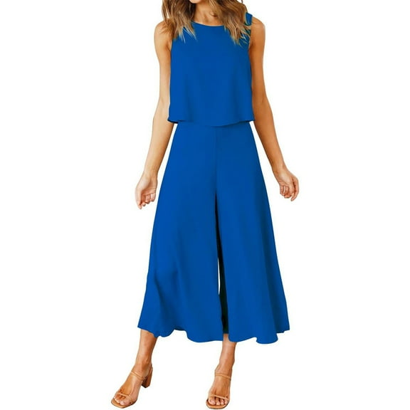 Baqcunre Women Sleeveless Button O Neck Tank Top Wide Leg Pants Pocket Suit,Size L,Two Piece Sets for Women,Outfits for Women,Fall Outfits Women Trendy,Wide Leg Pants Woman,Women Clothing,Blue