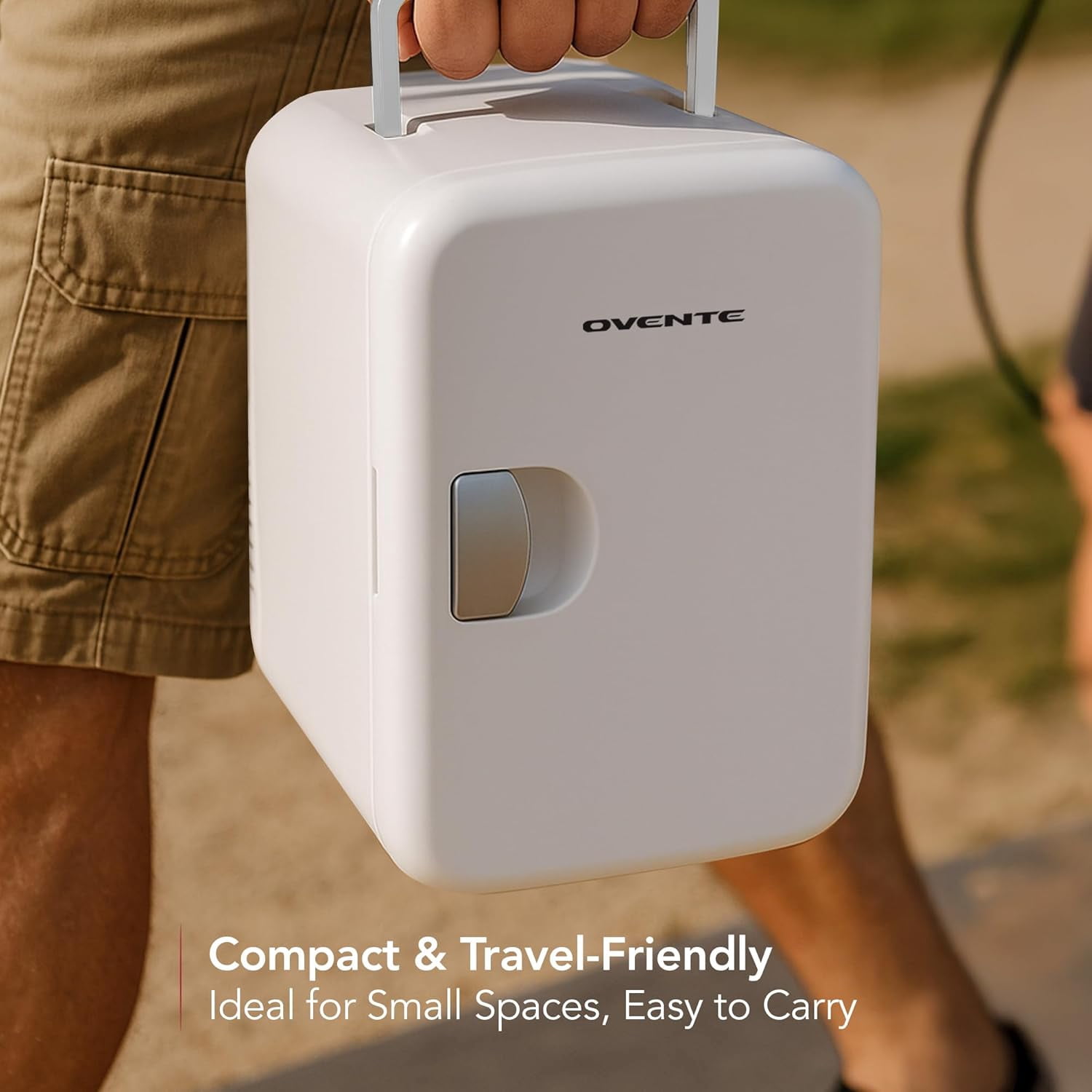 OVENTE Mini Fridge, 4L Capacity Fits 6 Can Beverages, Portable Personal Refrigerator and Small Cooler for Skin Care, Cosmetics or Food, Ideal for Bedroom, Home Office, Dorm and Car, White RF04W