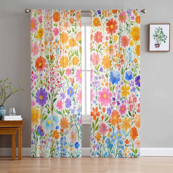 Spring Floral Sheer Curtains 63 Inch Length 2 Panels Set for Living Room/Bedroom, Pastoral Colorful Botanical Summer Semi Curtain Sheers Drapes Rod Pocket Curtains Window Treatment Set 52''x63''x2