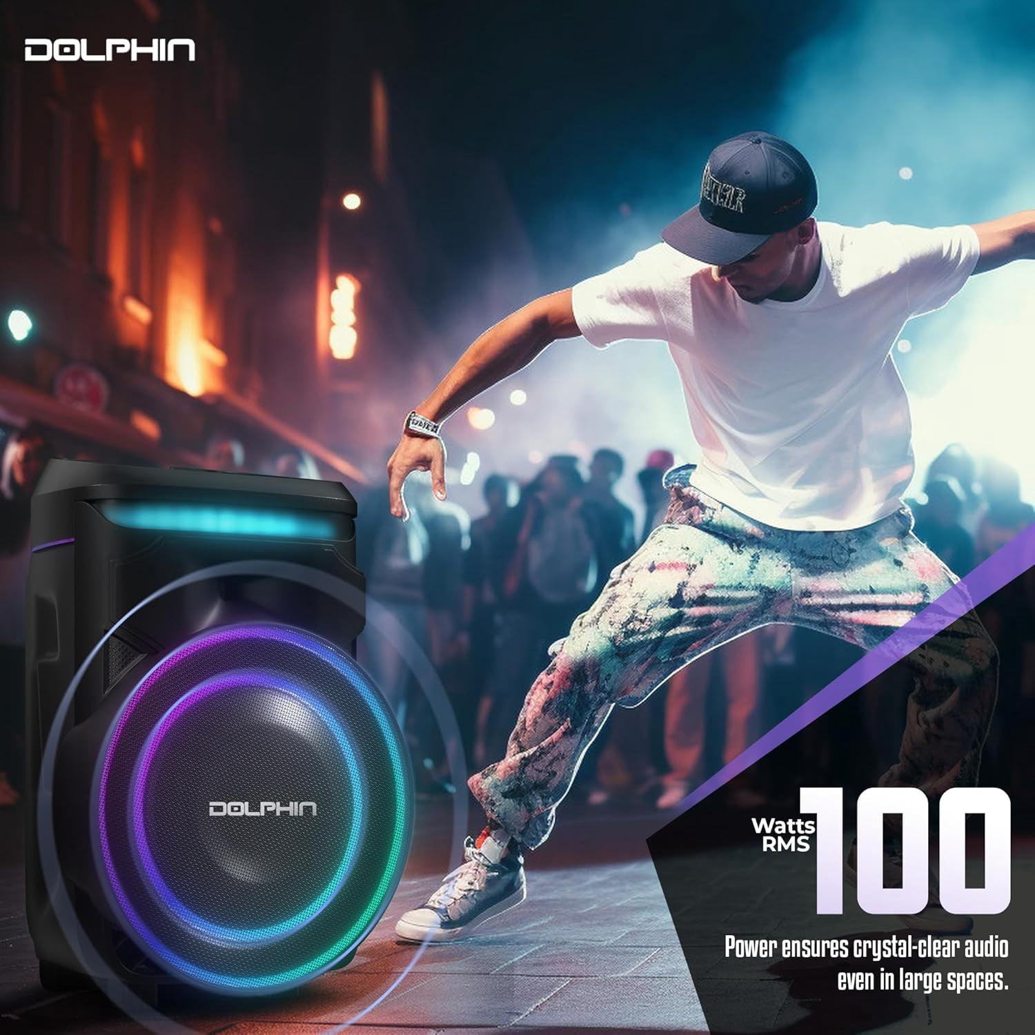 Dolphin SP-1800RBT 18" Portable Bluetooth Party Speaker – 100W RMS, Powerful 18" Woofer, LED Lights, WaveSync™, X-Bass, Rechargeable Battery, Bluetooth 5.1, 21" Tall – Perfect for Parties