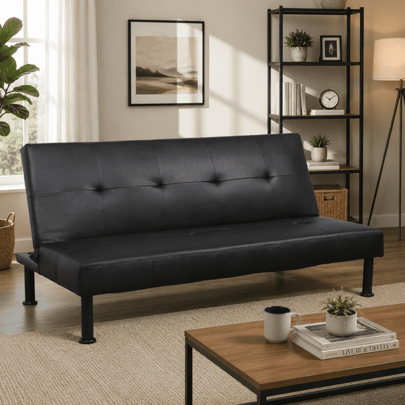 Convertible Futon Sofa Bed Leather Loveseat Adjustable Sleeper Sofa Couch for Living Room Small Apartment,Black and Black