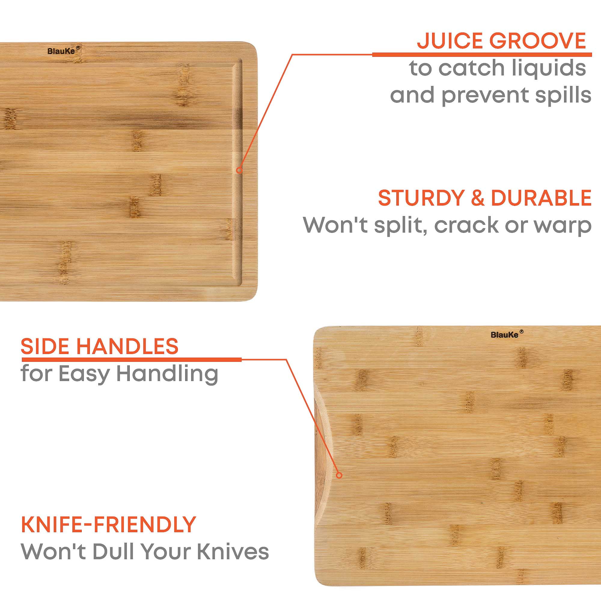 BlauKe® Wood Cutting Board for Kitchen – 15x10" Large Bamboo Cutting Board with Juice Groove and Handles – Wooden Chopping Board, Serving Tray