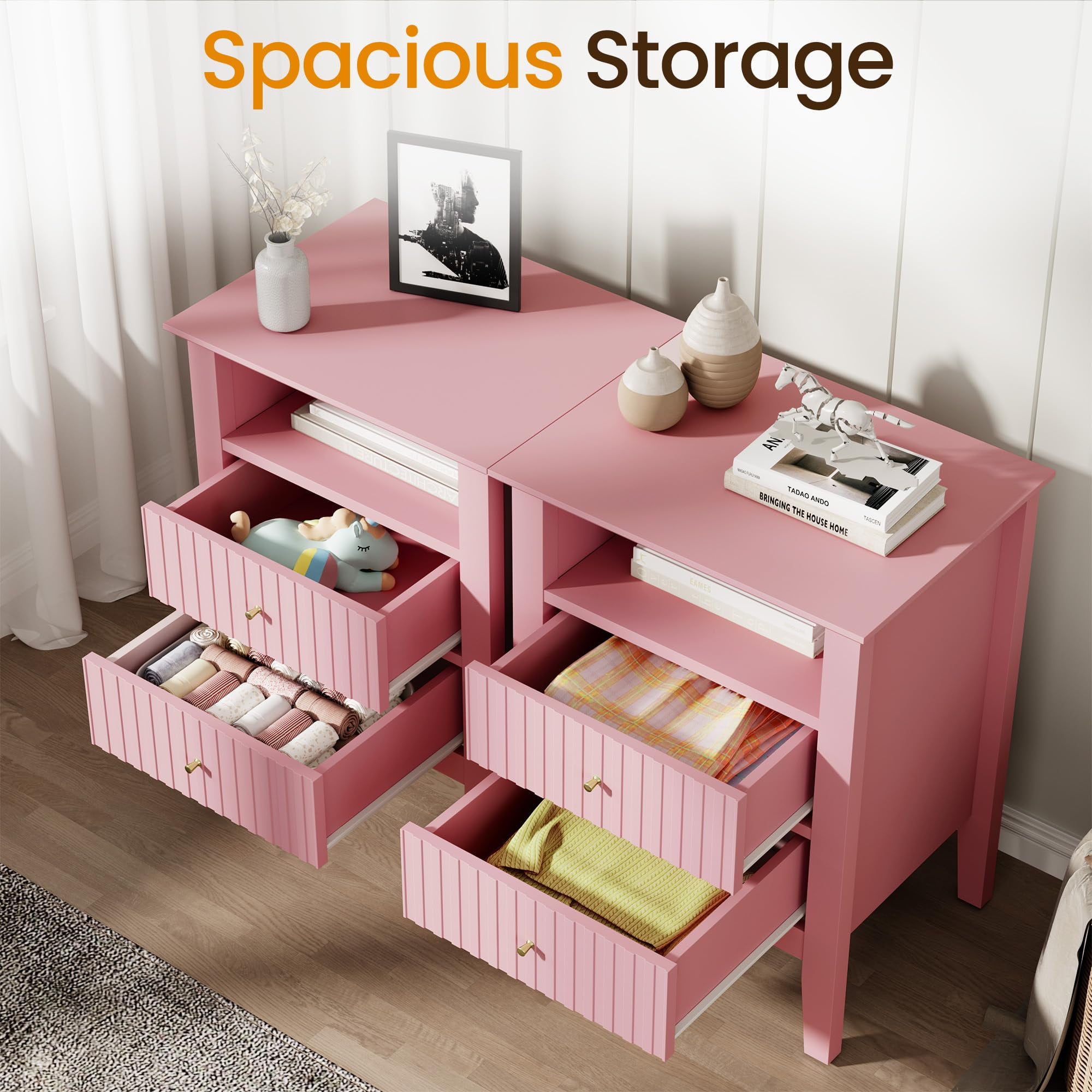 CozyHome Fluted Nightstand Set of 2, Modern Side Table with 2 Drawers & Storage Shelf, Wood End Table for Living Room, Bedroom, Pink