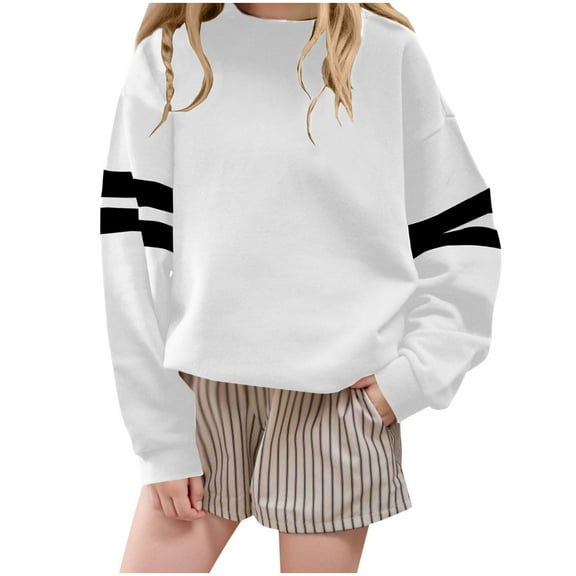 Atogsazn Kids Girl Oversized Hoodies Casual Striped Long Sleeve Pullover Sweatshirt Fall Relaxed Fit Clothing Tops 01-White 7-8Years Fashion