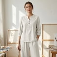 thumbnail image 5 of CIENVNSTG Linen Sets For Women 2 Piece Casual Vneck Embroidered 3/4 Sleeve Tops Wide Leg Linen Pants Set Mature Women Clothing White 3XL, 5 of 8