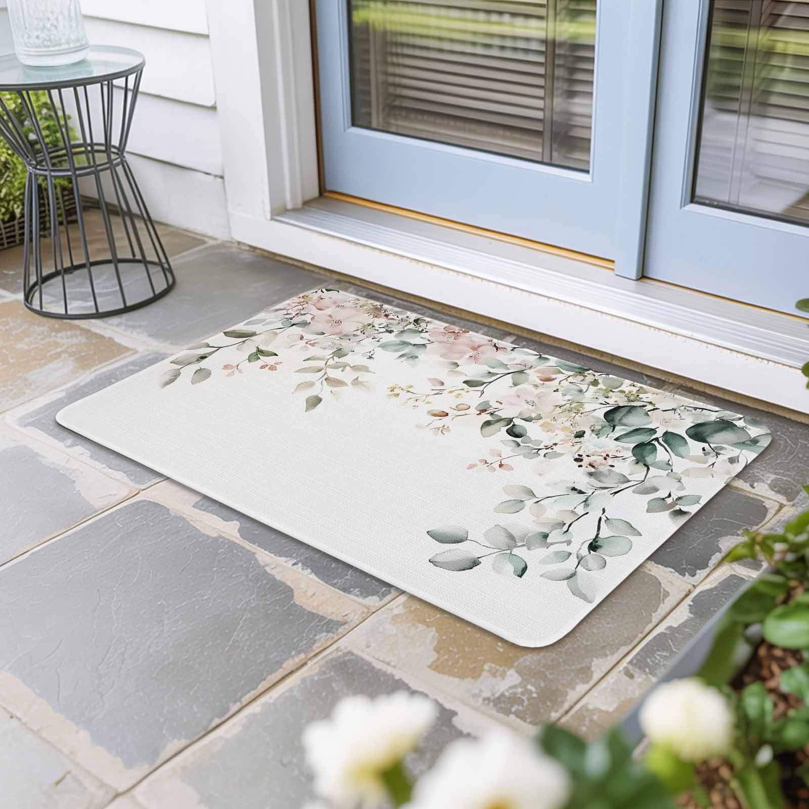 Eucalyptus Floral Doormat Outdoor Entrance 24"x36", Spring Summer Botanical Absorb Moisture Dirt Door Mats, Non-Slip Rubber Backing Floor Mats Indoor, Low-Profile Front Door Rugs