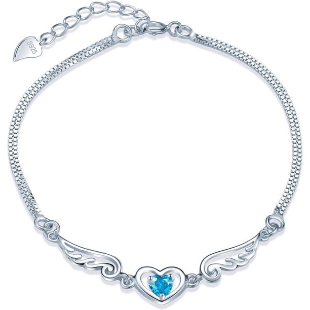 Pulsera de Plata 925 Mujer, Pulsera dijes con alas de ángel, Brazalete de Corazon, Pulsera de Amistad Ajustable, Elegante Joyeria Moda Mujer, Regalo para Mamá, Esposa, Novias