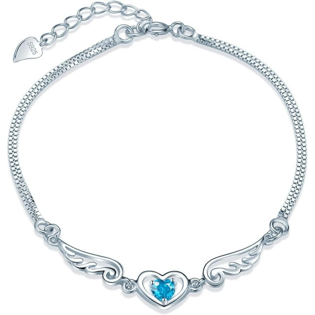 Pulsera de Plata 925 Mujer, Pulsera dijes con alas de ángel, Brazalete de Corazon, Pulsera de Amistad Ajustable, Elegante Joyeria Moda Mujer, Regalo para Mamá, Esposa, Novias
