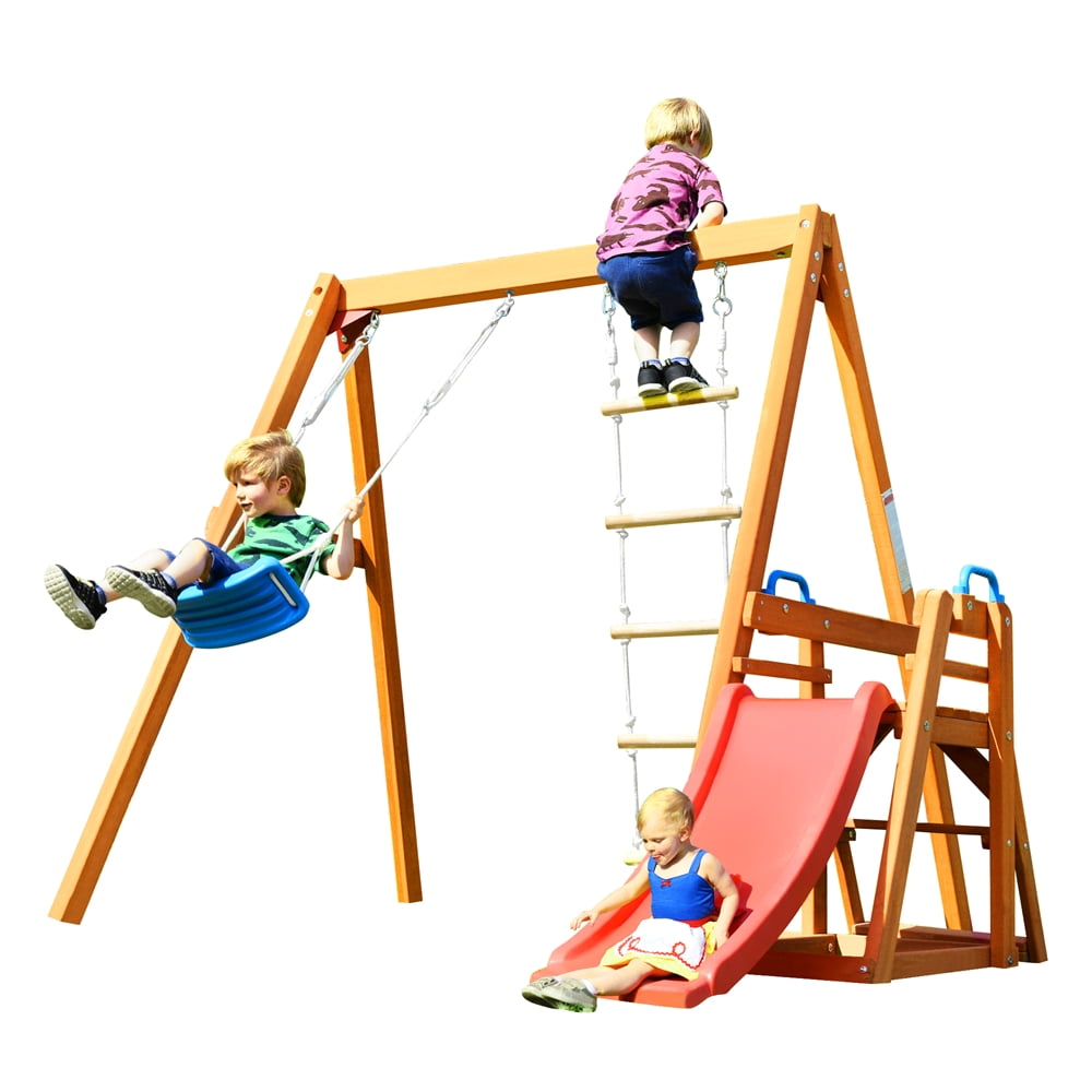 Outdoor Playset Swing Set for Kids, Wooden Backyard Activity Playground Climb Swing Set with
