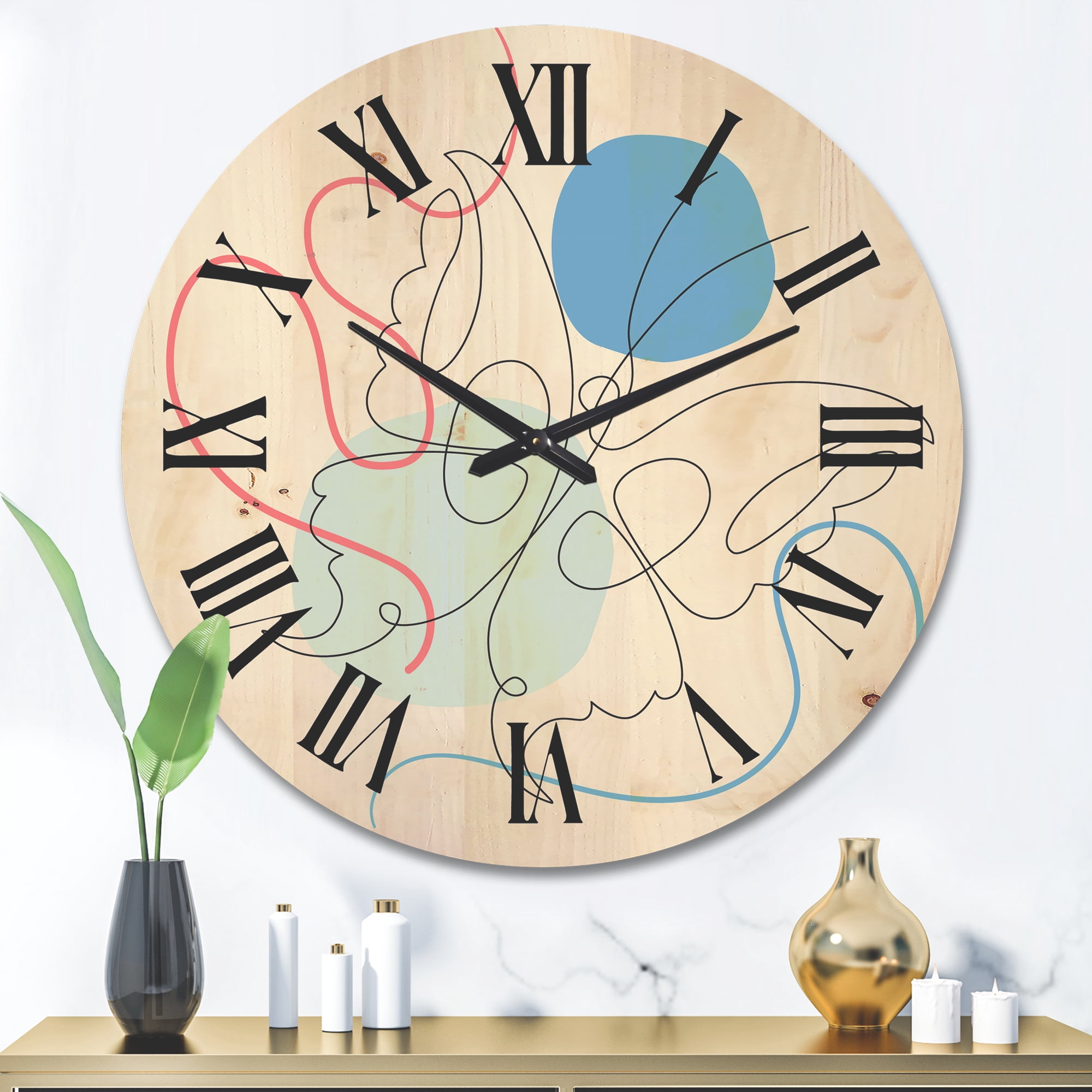 Designart 'Butterfly With One Line Drawing On Cubism Shapes I' Modern Wood Wall Clock
