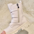 thumbnail image 4 of Girls Martin Boots Faux Leather Tall Boots with Double Buckle & Side Zipper Non Slip Thick Platform Sole Casual Dress Footwear for Fall Winter Daily Wear Beige 11.5(29), 4 of 6